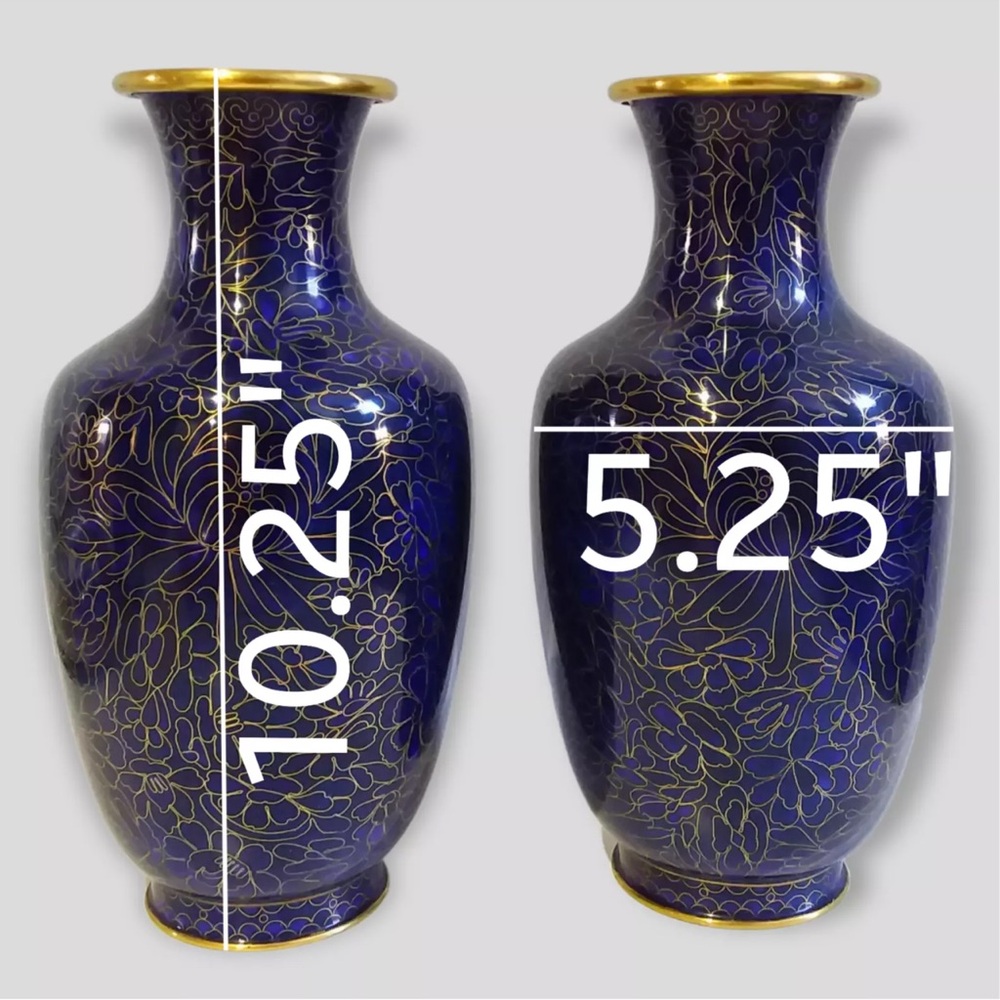 Vtg Asian cloisonné cobalt navy blue champleve enamel vases 10 1/4 in tall Pair - Picture 2 of 12